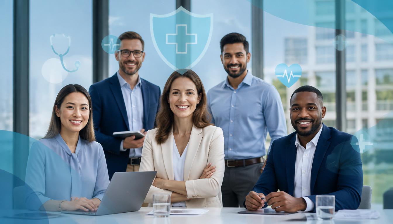 Equipe corporativa feliz representando bem-estar e saúde empresarial